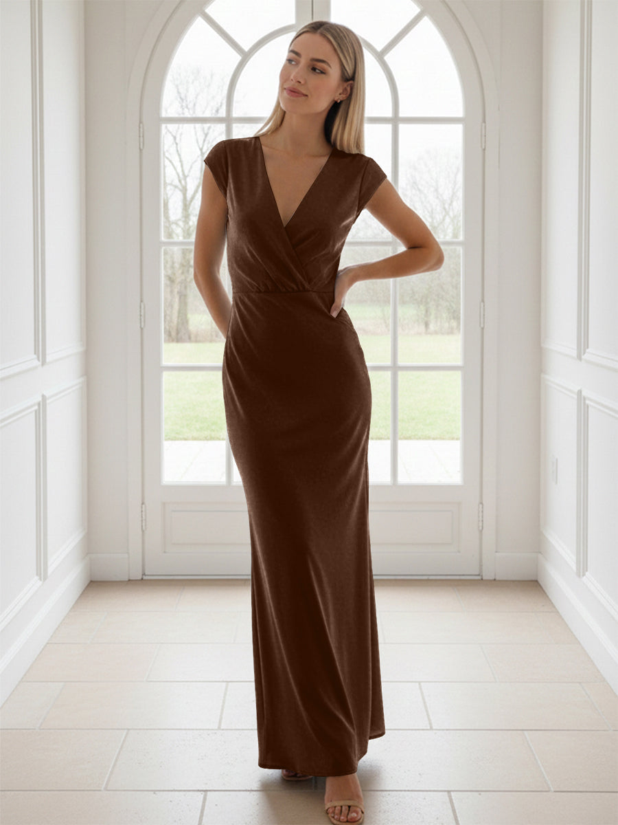 V Neck Short Sleeves Pleated Satin Sheath Formal Dresses
