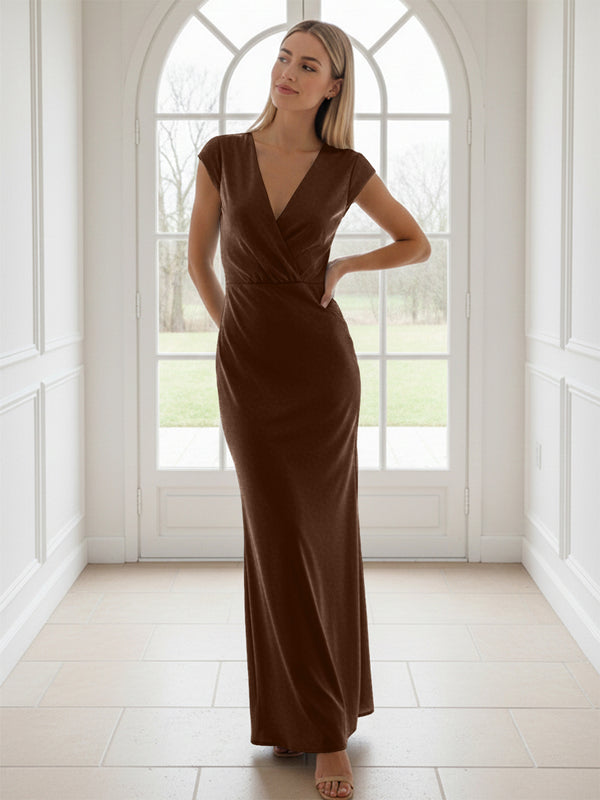 V Neck Short Sleeves Pleated Satin Sheath Bridesmaid Dresses