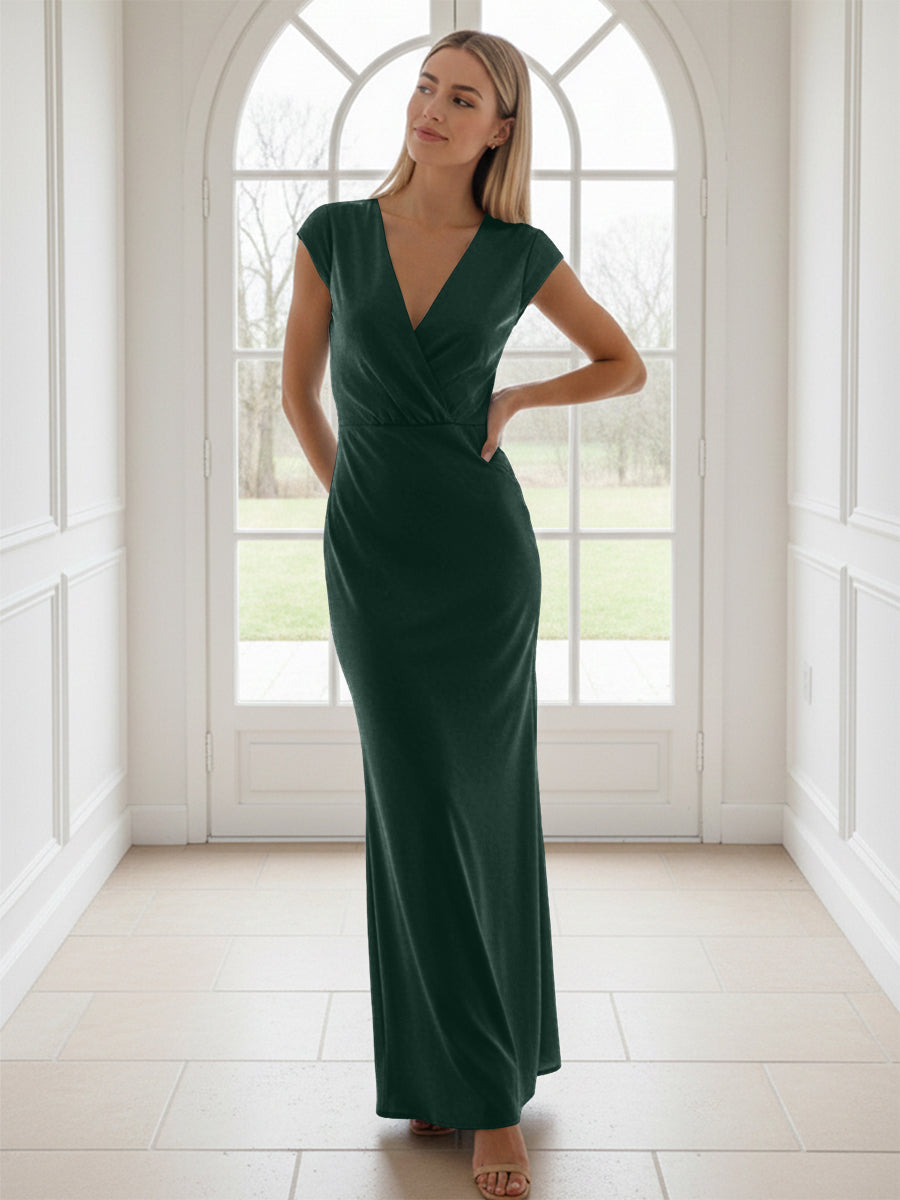 V Neck Short Sleeves Pleated Satin Sheath Formal Dresses