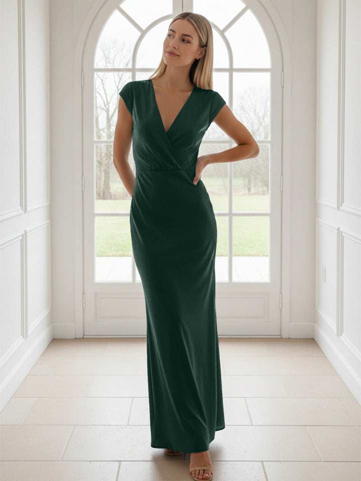 V Neck Short Sleeves Pleated Satin Sheath Formal Dresses