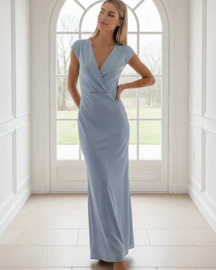V Neck Short Sleeves Pleated Satin Sheath Bridesmaid Dresses