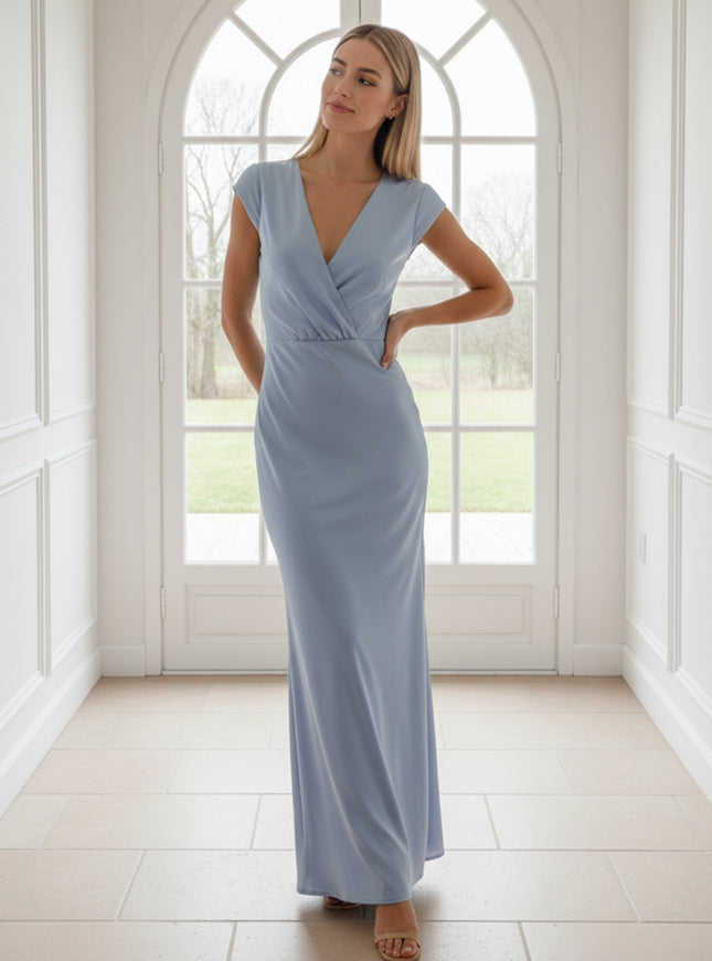 V Neck Short Sleeves Pleated Satin Sheath Bridesmaid Dresses