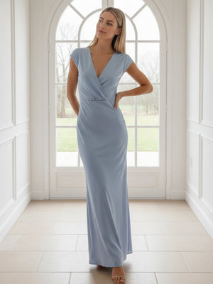 V Neck Short Sleeves Pleated Satin Sheath Bridesmaid Dresses