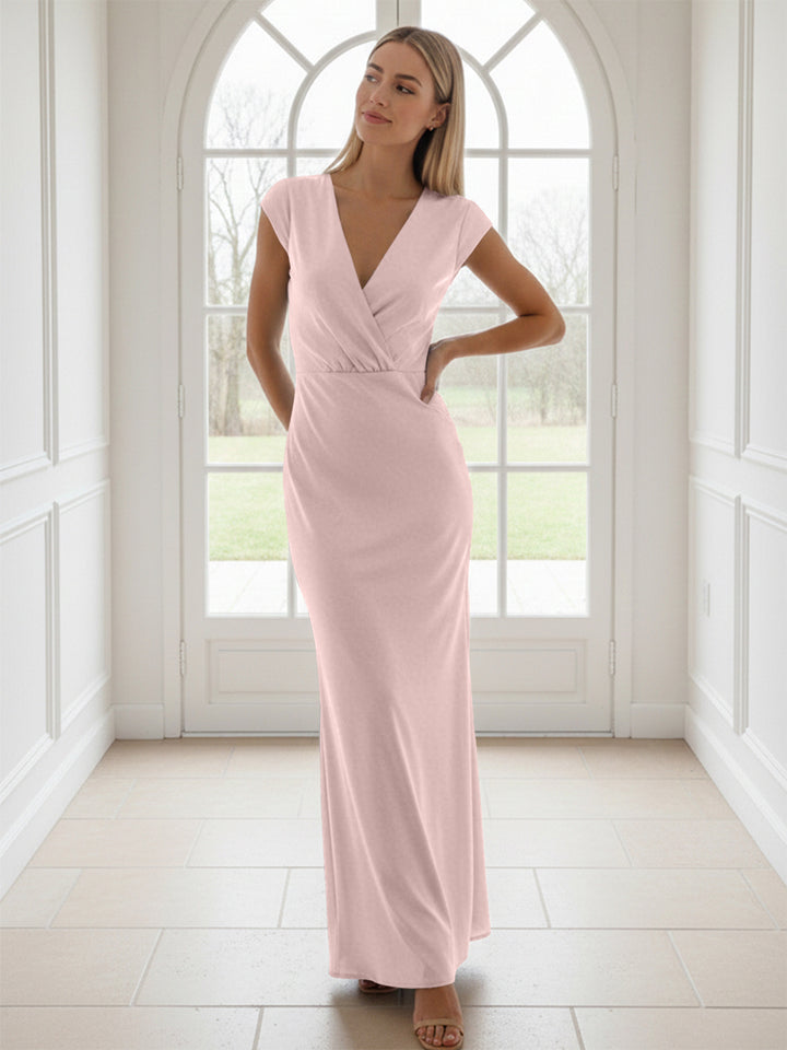 V Neck Short Sleeves Pleated Satin Sheath Formal Dresses