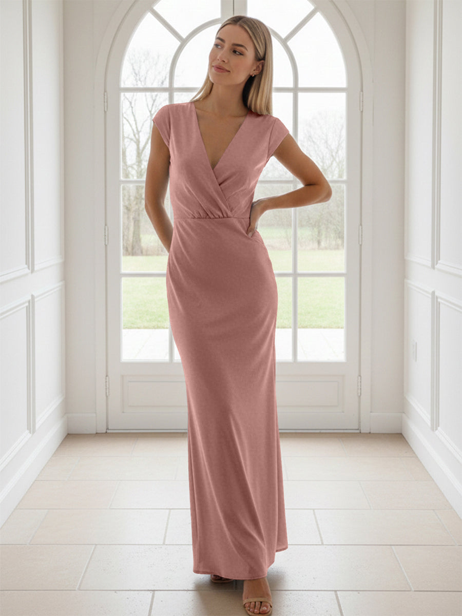 V Neck Short Sleeves Pleated Satin Sheath Formal Dresses