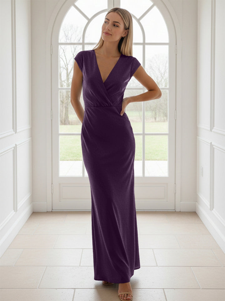 V Neck Short Sleeves Pleated Satin Sheath Formal Dresses