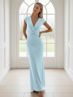 V Neck Short Sleeves Pleated Satin Sheath Bridesmaid Dresses