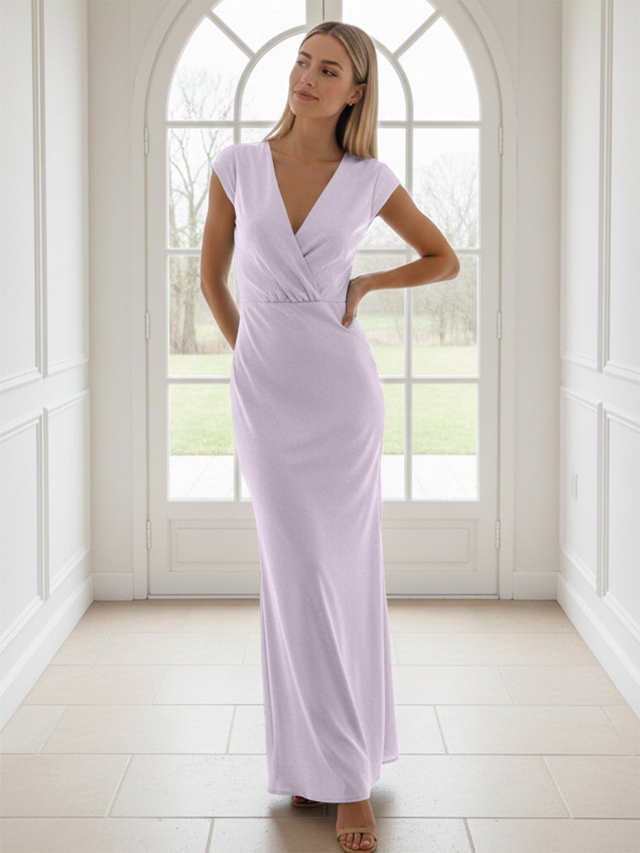 V Neck Short Sleeves Pleated Satin Sheath Formal Dresses