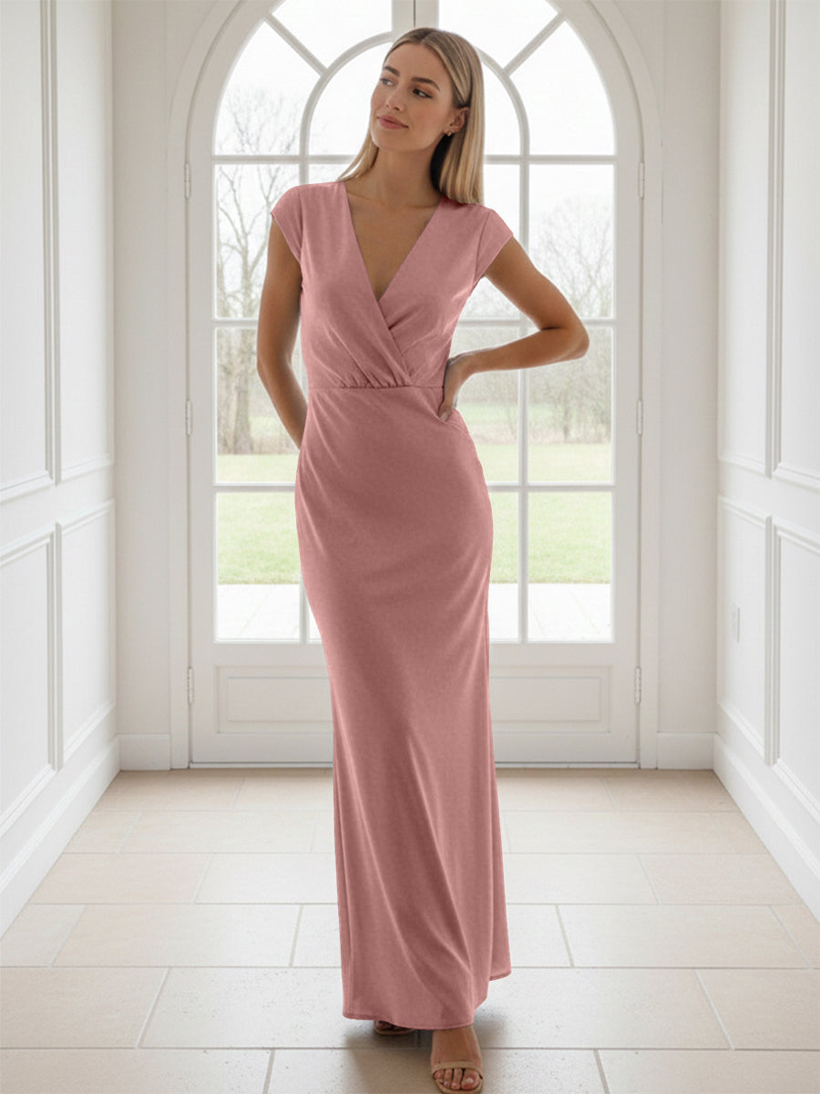 V Neck Short Sleeves Pleated Satin Sheath Formal Dresses