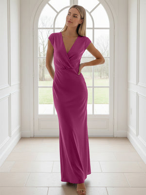 V Neck Short Sleeves Pleated Satin Sheath Bridesmaid Dresses