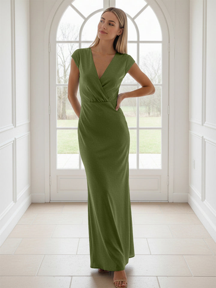 V Neck Short Sleeves Pleated Satin Sheath Formal Dresses