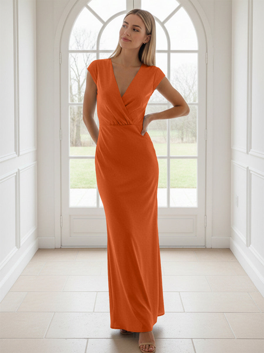 V Neck Short Sleeves Pleated Satin Sheath Formal Dresses