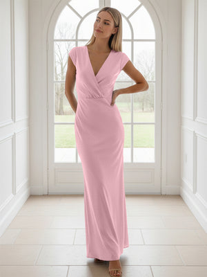 V Neck Short Sleeves Pleated Satin Sheath Bridesmaid Dresses