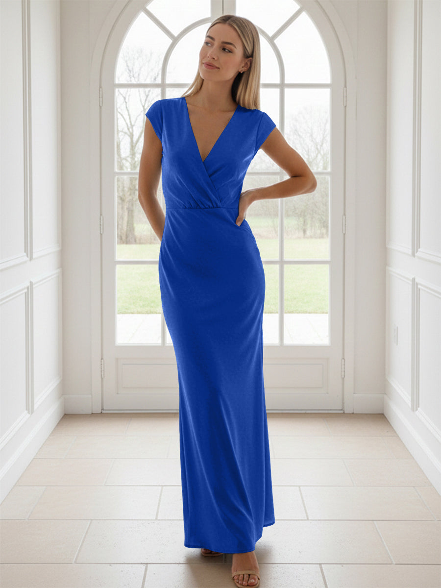 V Neck Short Sleeves Pleated Satin Sheath Formal Dresses