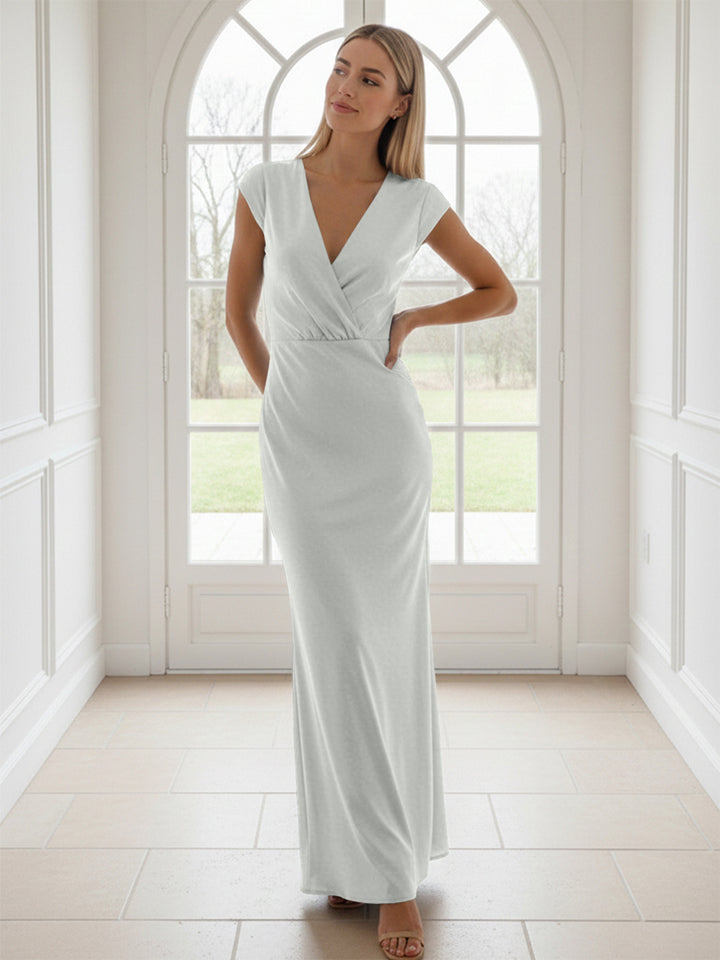 V Neck Short Sleeves Pleated Satin Sheath Formal Dresses
