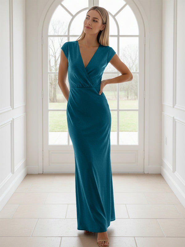 V Neck Short Sleeves Pleated Satin Sheath Bridesmaid Dresses