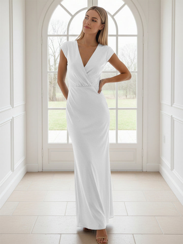 V Neck Short Sleeves Pleated Satin Sheath Formal Dresses