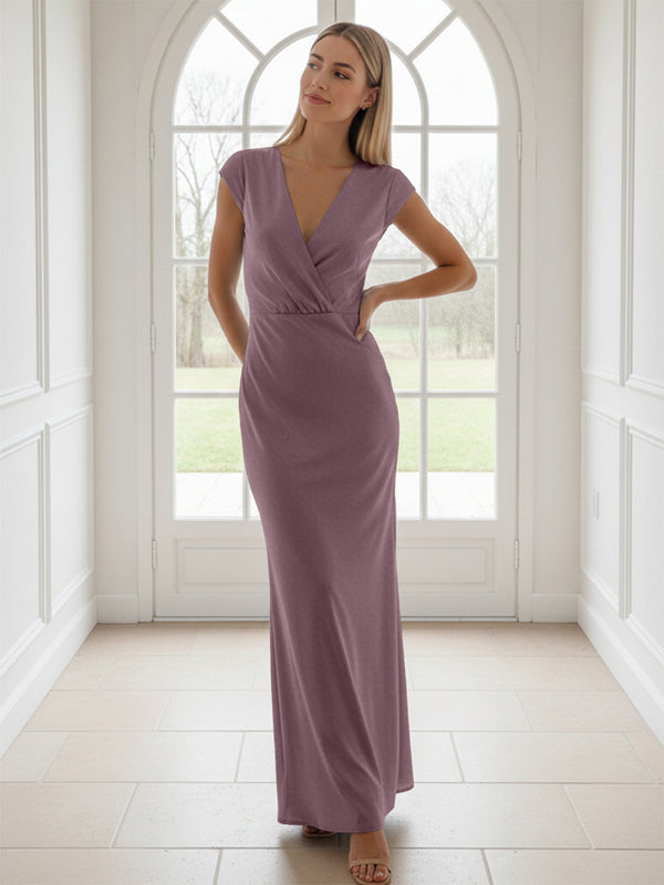 V Neck Short Sleeves Pleated Satin Sheath Bridesmaid Dresses