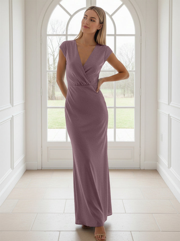 V Neck Short Sleeves Pleated Satin Sheath Formal Dresses