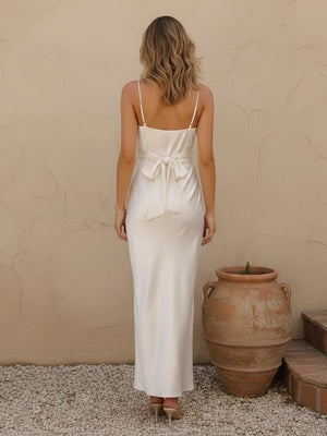 V Neck Spaghetti Straps Bow Satin Mermaid Bridesmaid Dresses