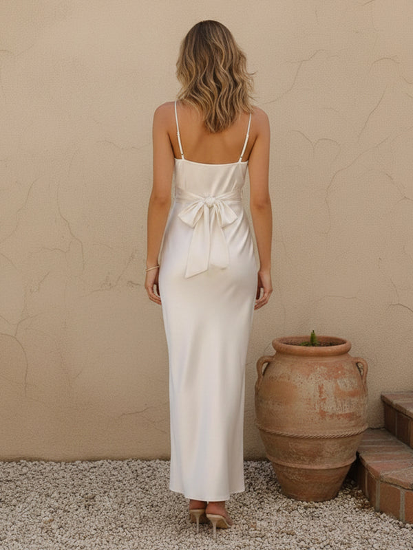 V Neck Spaghetti Straps Bow Satin Mermaid Bridesmaid Dresses