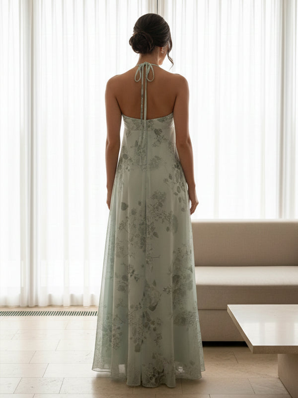 V Neck Spaghetti Straps A Line Floral Print Bridesmaid Dresses