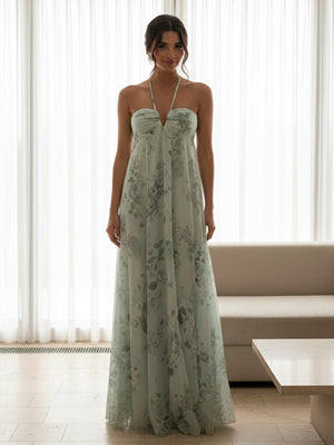 V Neck Spaghetti Straps A Line Floral Print Bridesmaid Dresses