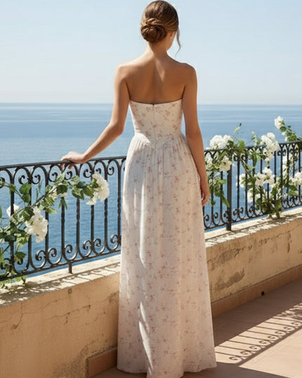 Strapless Pleated A Line Floral Print Bridesmaid Dresses