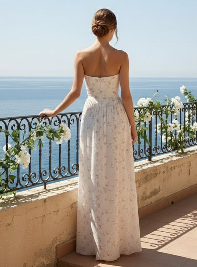 Strapless Pleated A Line Floral Print Bridesmaid Dresses