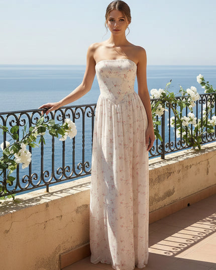 Strapless Pleated A Line Floral Print Bridesmaid Dresses