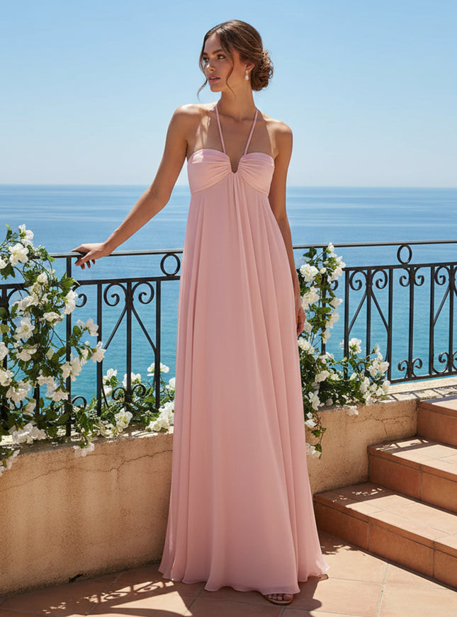V Neck Spaghetti Straps Pleated A Line Wedding Guest Dresses