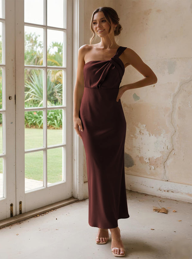 One Shoulder Pleated Satin Mermaid Bridesmaid Dresses