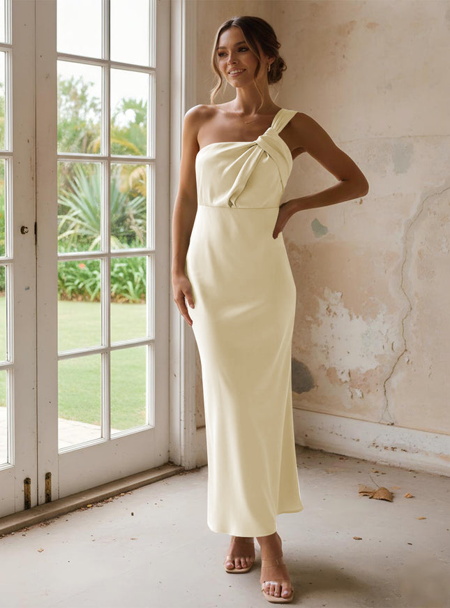 One Shoulder Pleated Satin Mermaid Bridesmaid Dresses
