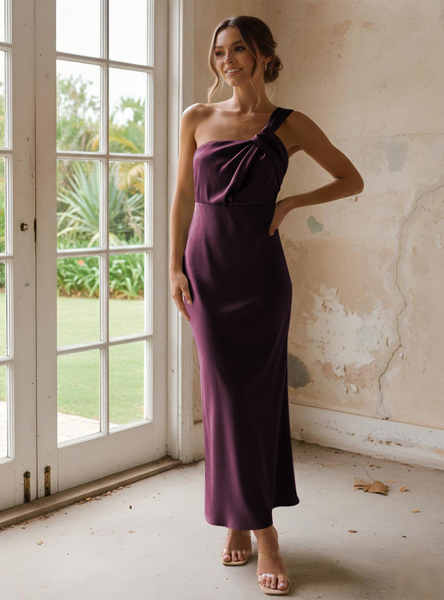 One Shoulder Pleated Satin Mermaid Bridesmaid Dresses