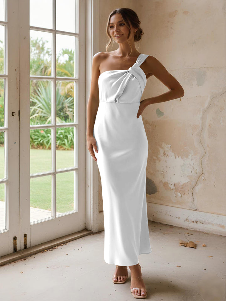 One Shoulder Pleated Satin Mermaid Bridesmaid Dresses