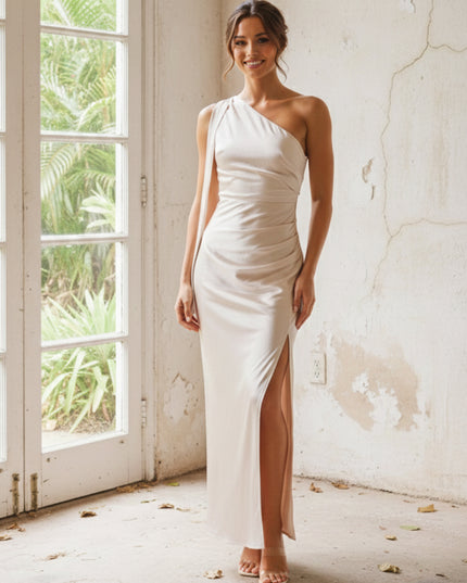 One Shoulder Pleated Satin Mermaid Bridesmaid Dresses with Slit