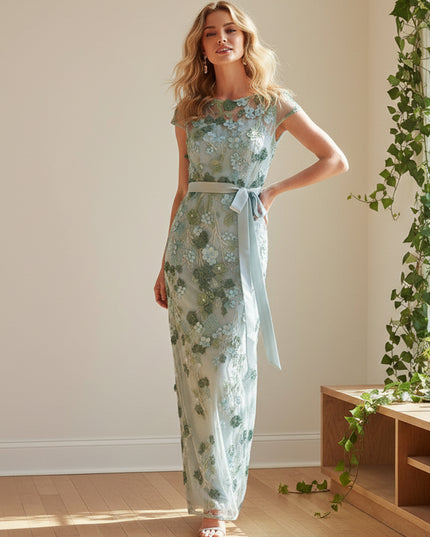 Round Neck Short Sleeves Floral Print Bow Mermaid Wedding Guest Dresses