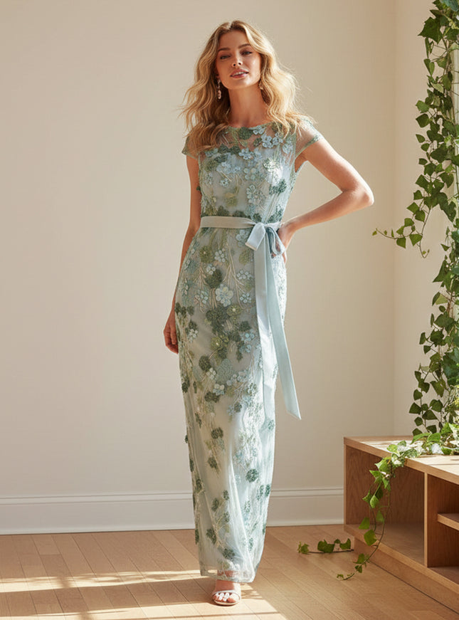 Round Neck Short Sleeves Floral Print Bow Mermaid Wedding Guest Dresses