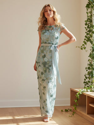 Round Neck Short Sleeves Floral Print Bow Mermaid Wedding Guest Dresses