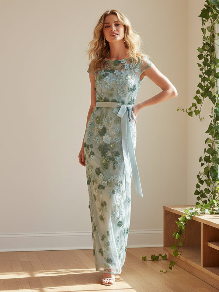 Round Neck Short Sleeves Floral Print Bow Mermaid Formal Dresses