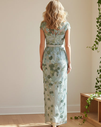 Round Neck Short Sleeves Floral Print Bow Mermaid Wedding Guest Dresses