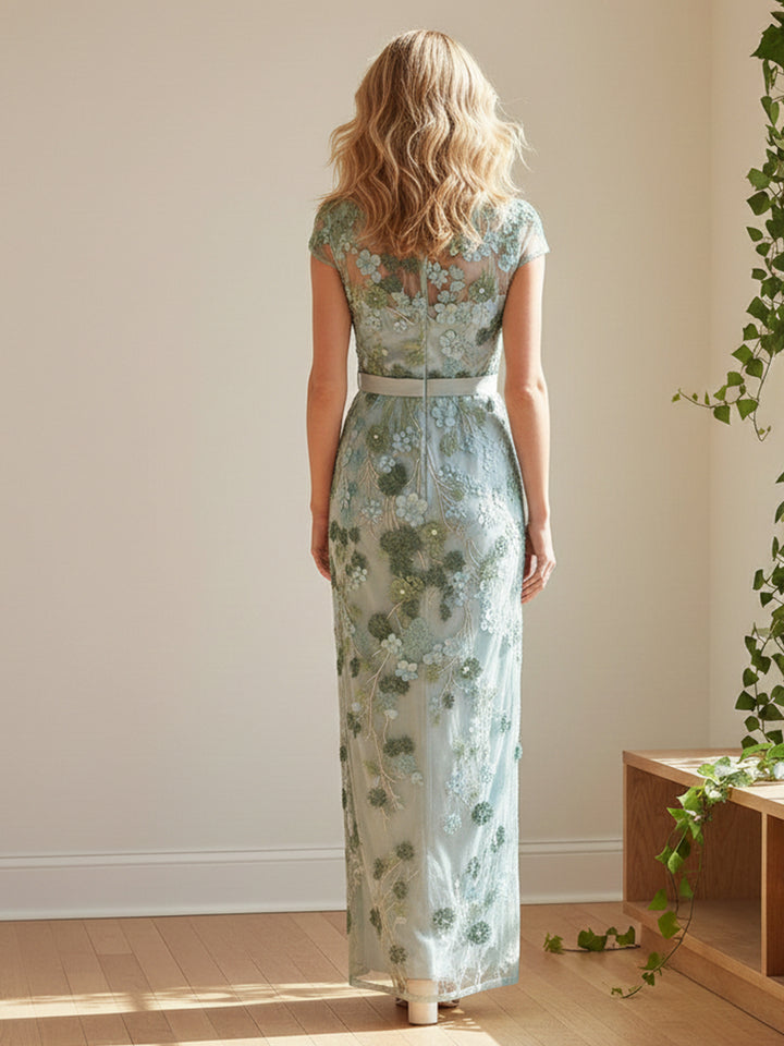 Round Neck Short Sleeves Floral Print Bow Mermaid Formal Dresses