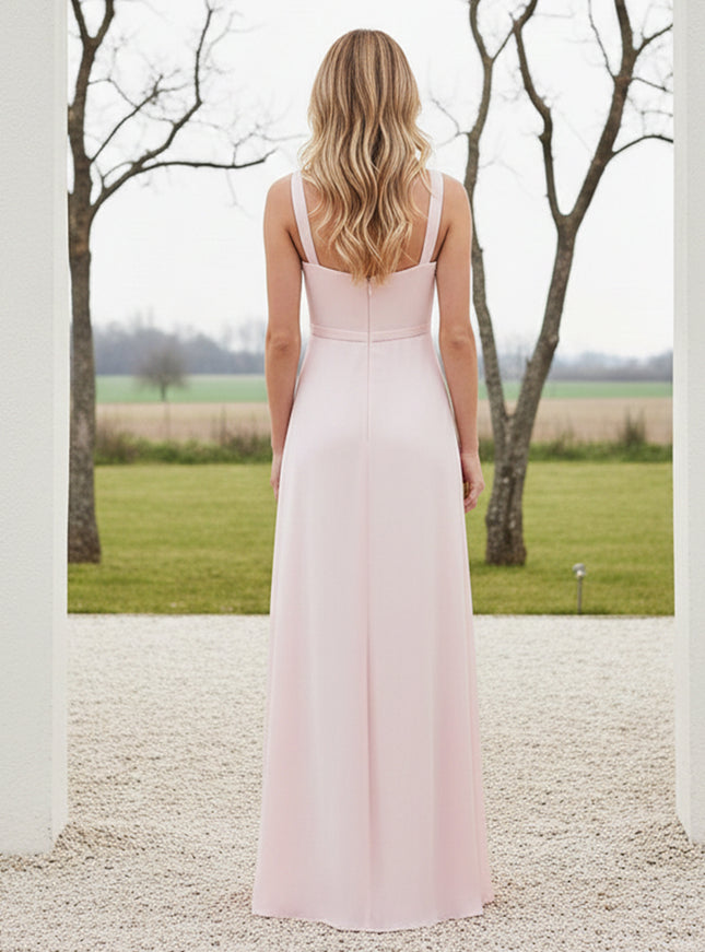 Round Neck Satin Spaghetti Straps Pleated A Line Bridesmaid Dresses