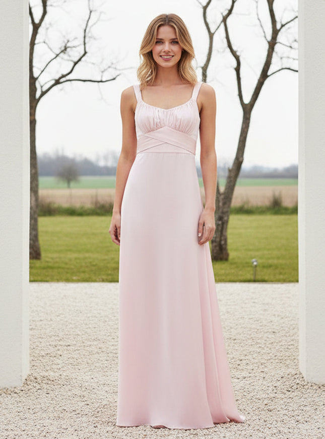 Round Neck Satin Spaghetti Straps Pleated A Line Bridesmaid Dresses