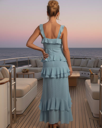 V Neck Ruffles Chiffon Mermaid Wedding Guest Dresses with Slit