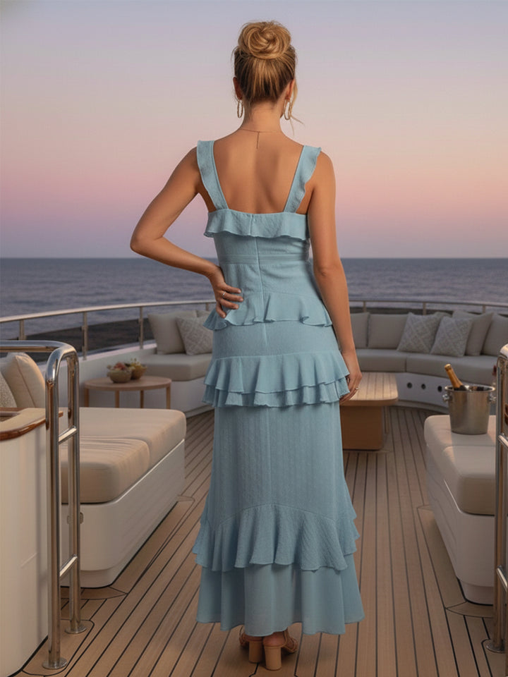 V Neck Ruffles Chiffon Mermaid Formal Dresses with Slit