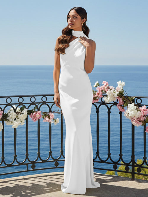One Shoulder Satin Long Bridesmaid Dresses with Scarf