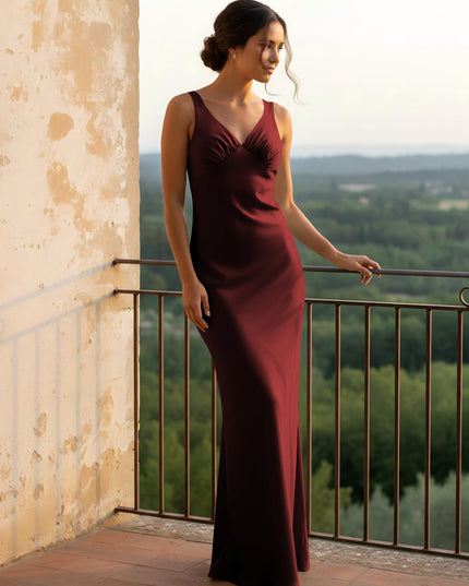 V Neck Pleated Satin Long Bridesmaid Dresses