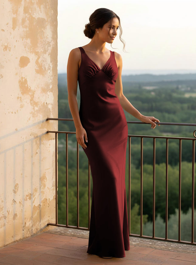 V Neck Pleated Satin Long Bridesmaid Dresses