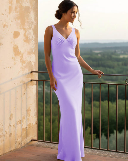 V Neck Pleated Satin Long Bridesmaid Dresses